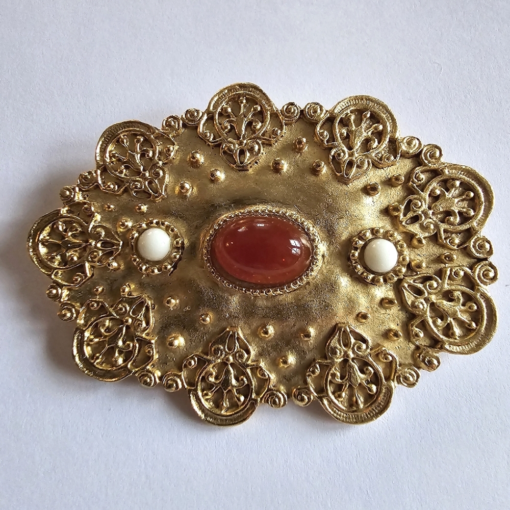 Vintage brooch rust orange and white cabochons Gold tone metal